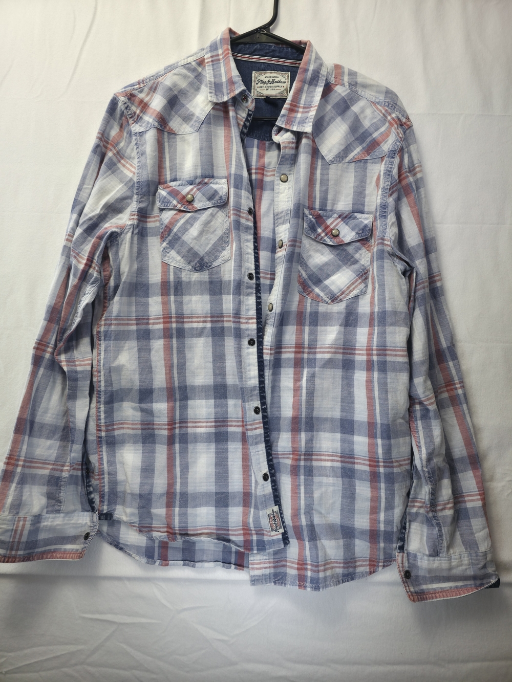 Flag & Anthem Men’s Medium Western Pearl Snap Plaid Shirt Blue Red White Cotton